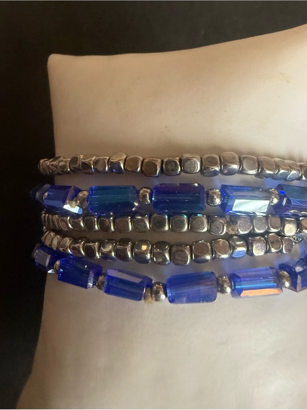 Blue Crystal and Silver Bead Multi-Strand Bracelet stack
